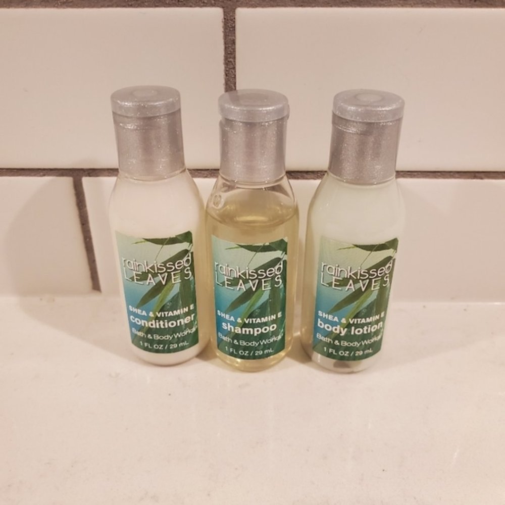 Bath Body Works Rainkissed Leaves Shampoo Conditioner Body Lotion Travel Set NEW